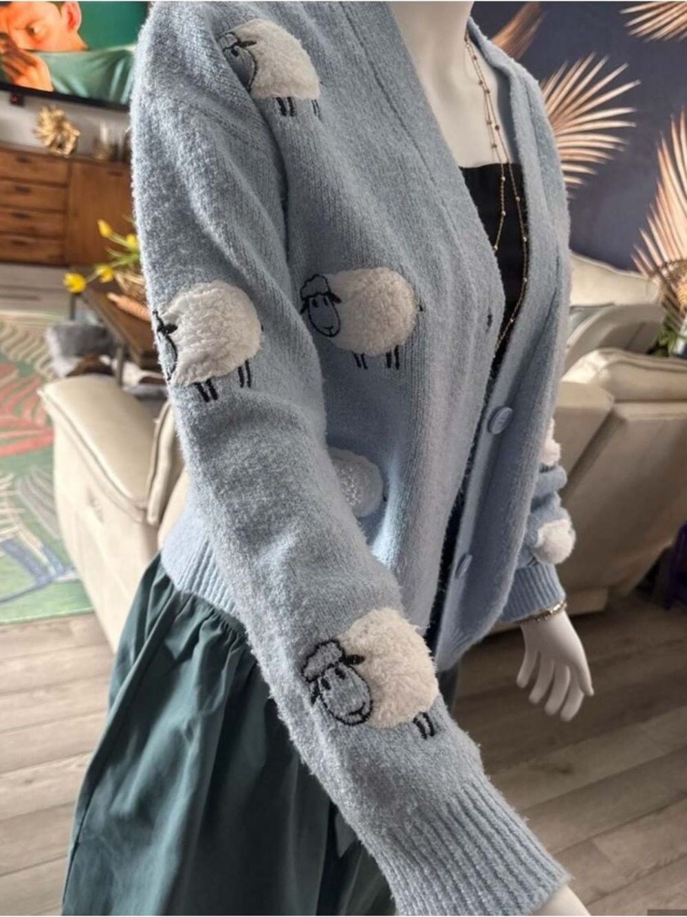 Women's Light Blue Sheep Embroidered Cardigan Sweater